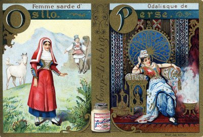 Bokstaven O som Sardinian Woman of Osilo og P som Odalisk of Persia. Kvinners alfabet. Serie på 12 bilder. Liebig-reklame av French School