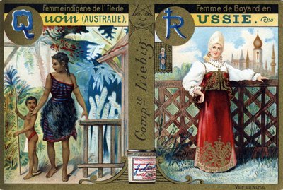 Bokstav Q som urfolkskvinne fra Quoin Island og R som Boyars-kvinne i Russland. Kvinners alfabet. Serie på 12 bilder. Liebig-reklame av French School