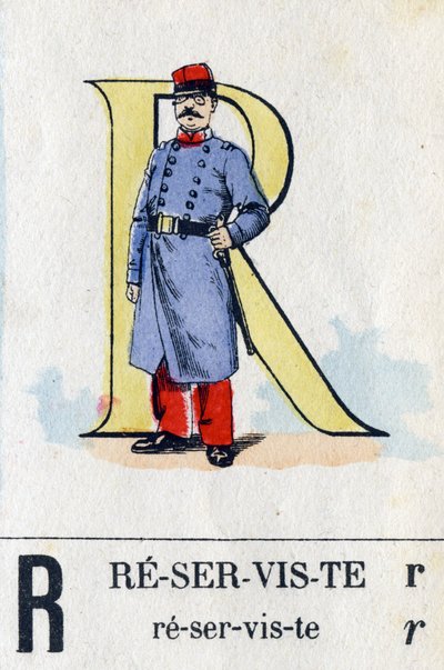 Bokstav R som reservist. Militært alfabet. Avbildning av Epinal, rundt 1870-1880. Sjablongfargede tresnitt av French School