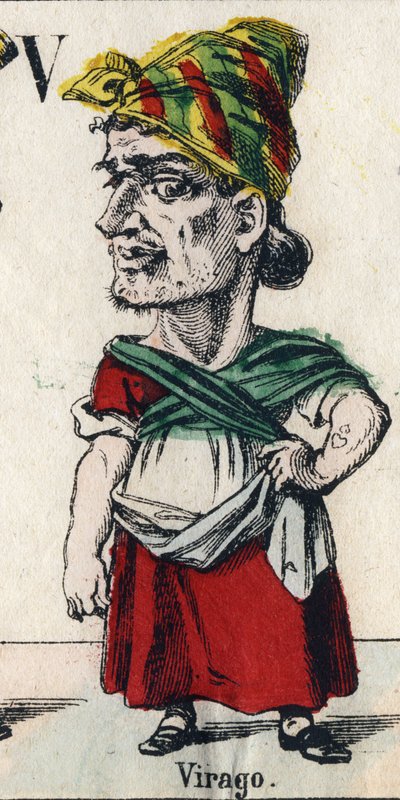 Bokstav V: Virago (ved nedverdigelse, jente eller kvinne av stor størrelse, som har manerer til en mann). Gravering i "" Comic Alphabet"". Ny Epinal bildebehandling. Litografi Pinot et Sagaire, redaktører, mellom 1860 og 1888. Plate nr. 491 med 25 opplyste av French School