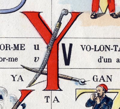 Bokstaven Y som yatagan. Militært alfabet. Avbildning av Epinal, rundt 1870-1880. Sjablongfargede tresnitt av French School