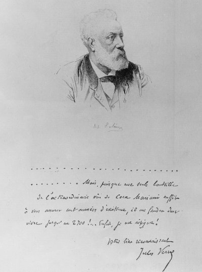 Brev fra Jules Verne med portrett av forfatteren (1828-1905). av French School