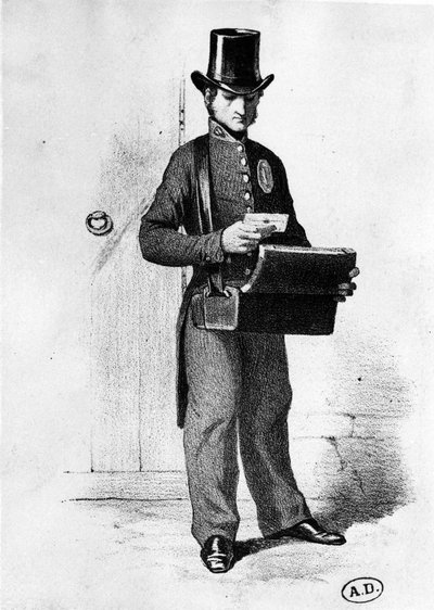 Brevholder: postbud omkring 1850 - gravering, Bibl. des Arts deco. av French School