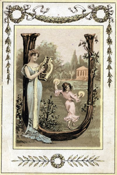 Brev som representerer en mor som spiller lyre og datteren hennes danser med pauker, sent på 1800-tallet (kromolitografi) av French School