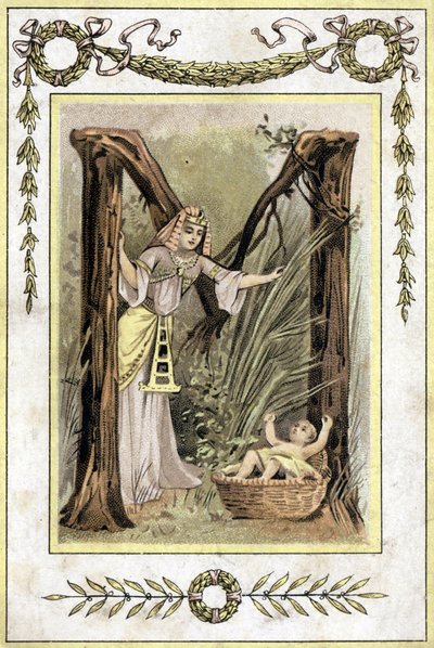 Brev som representerer en egyptisk mor som finner et forlatt barn (Moses sparer vann), sent på 1800-tallet (kromolitografi) av French School