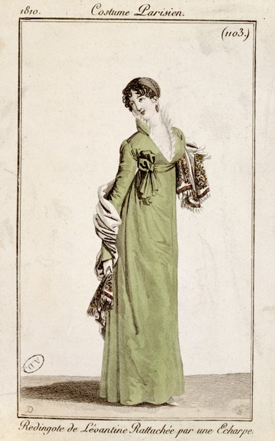 Levantinsk frakk festet med et skjerf, moteplate fra Costume Parisien, 1810 av French School