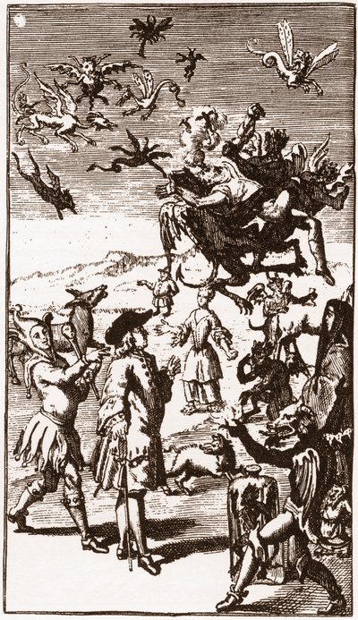 Fremkallingen av demoner, gravering fra 1710 i "Historien om Monsieur Oufles ekstravagante fantasi" av Laurent Bordelon (1653-1730) av French School