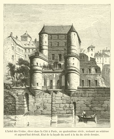 Hôtel des Ursins, bygget i Cité i Paris på det fjortende århundre, restaurert på det sekstende og nå ødelagt, tilstanden til nordfasaden på slutten av forrige århundre av French School