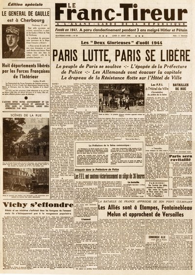 Liberation of Paris - FRANC TIROUR nummer 38 av 21. august 1944 - Paris-kamper, paris ce libere av French School