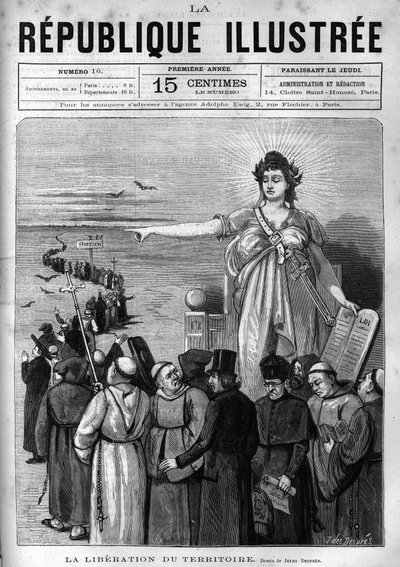 Liberation of the territory: the French Republic expels unauthorised religious congregations from French territory following the decrees of March 1880 taken by Jules Ferry and depriving them of the right to teach. A newspaper. Engraving from 1880 in “La re av French School