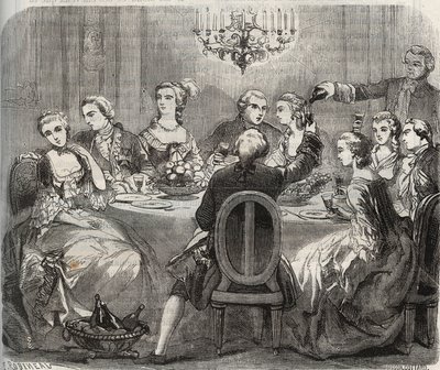 Libertinage: Christian VII (1749-1808), King of Denmark and Norway, during a libertine feast organized by the dancer Marie Madeleine Guimard (1743-1816) in her house of Pantin. Engraving from 1871 in “Histoire Des Cocus Celebres”” by Henry de Kock (1819-18 av French School