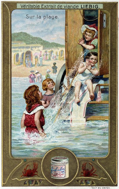 Liebigs kromolitografiserie «Strandspill» av barn. sd. 1800-tallet av French School