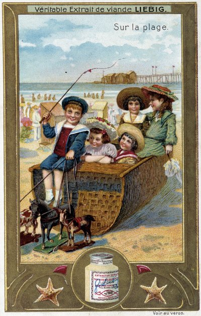 Liebigs kromolitografiserie «Strandspill» av barn. sd. 1800-tallet av French School
