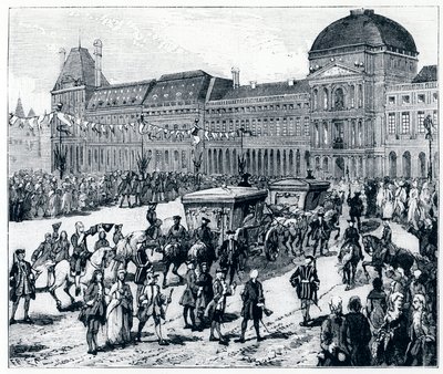 Livet under Louis XV: kongen ankommer Palais des Tuileries, hvor dronningen og delfinen venter på ham - i "Paris gjennom århundrene" av Genouillac av French School