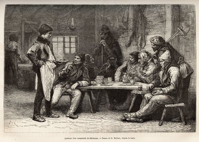 Interiøret i en woodcheron-leir i Ontario, gravering etter en tegning av D. Maillard, som illustrerer ekskursjonen til Canada og til Northern Red River, av H. De Lamotte, i 1873, publisert i "" Le world tour""" 1875 , redigert av Edouard av French School