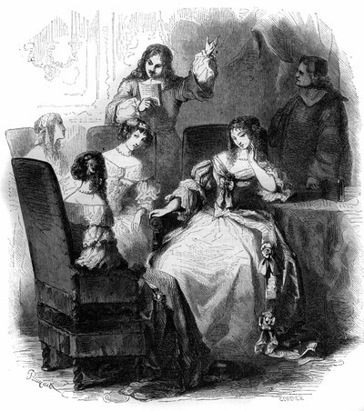 Litterær salong: poeten Jean Renaud de Segrais (1624-1701) ved hoffet til Anne Marie Louise d'Orleans de Montpensier (1627-1693). Gravering fra 1856. av French School