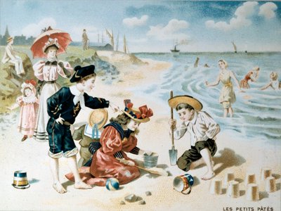 Liten pasta: barn leker på stranden med sand. Illustrasjon fra begynnelsen av det 20. århundre (chromolitho) av French School