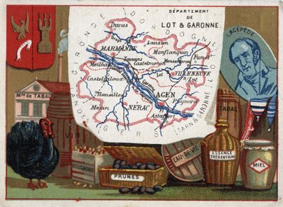 Lot og Garonne (Lot-et-Garonne, 47), Aquitaine, Frankrike. Tobakksfabrikk, kalkunavl, vin, korker, plommer, konjakk, bensin. Portrett av Bernard Germain Etienne de Laville-sur-Illon, greve av Lacepede (eller de la Cepede av French School