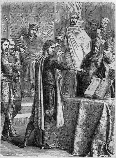 Lotharia II (825-869) avla ed på evangeliet før pave Adrien II (792-872) i Roma i 869. Gravering i "Histoire des Papes-Rois-Queen and Empereurs a travers les centuries" av Maurice Lachatre av French School