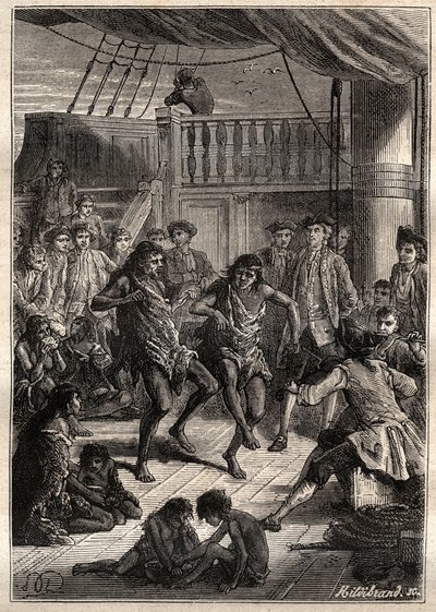 Louis Antoine, greve av Bougainville (1729-1811) mottok innbyggerne i Bay Fortescue (Detroit of Magellan) i sin båt "" La Boudeuse""" i 1768 - illustrasjon fra "The Great Mariners of the 18th century" av French School