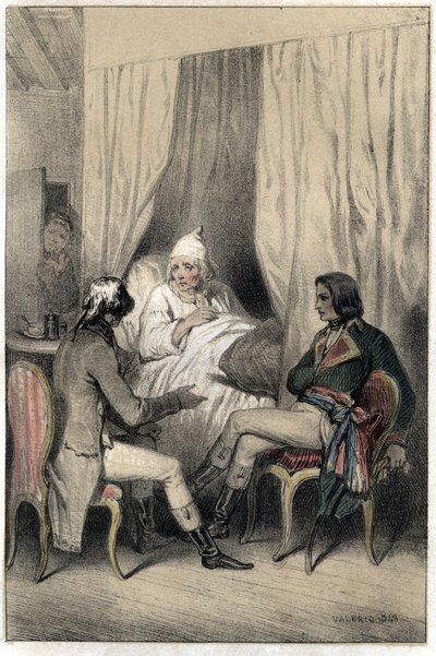 Louis Antoine Fauvelet de Bourienne (1769-1834), French diplomat and administrator, and General Napoleon Bonaparte (1769-1821) asked a sick old capitalist for money for the Italian campaign. Plate taken from “” Scenes de la vie des hommes famous””” engravi av French School