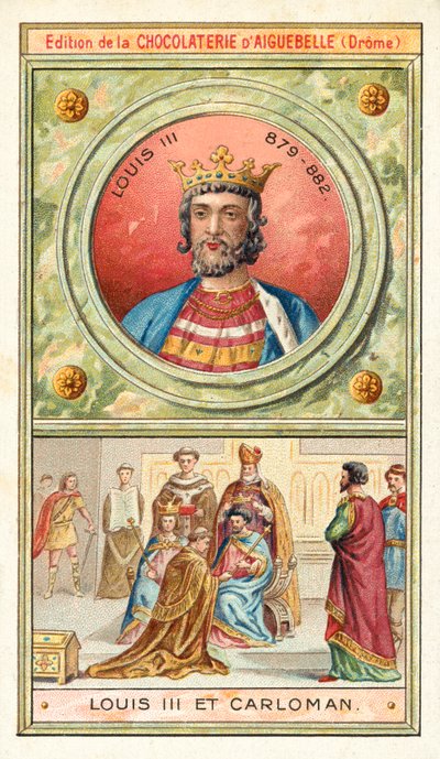 Louis III og hans yngre bror Carloman II, felleskonger av Frankrike, 9. århundre (chromolitho) av French School