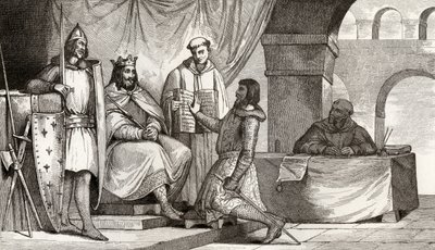 Louis II (848-79) Stammereren mottar en troskapsed fra en adelsmann, fra 'Histoire de France' av Colart, utgitt ca. 1840 av French School