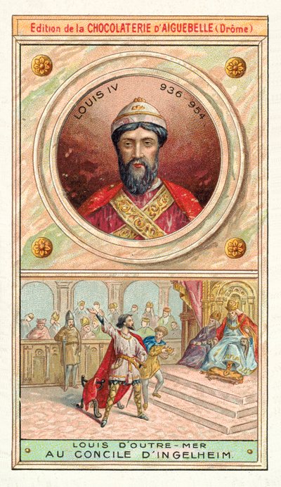 Louis IV av Frankrike ved Council of Ingelheim, 948 (chromolitho) av French School
