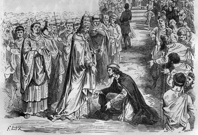 Louis I The Pious eller The Debonnaire (778-840) ved knærne til pave Stephen V (Stefano, pave fra 896 til 897). Gravering i "Histoire des Papes-Rois-Queen and Empereurs a travers les centuries"" av Maurice Lachatre av French School