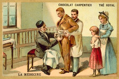 Louis Pasteur inokulerer en pasient mot rabies ved Pasteur Institute (chromolitho) av French School