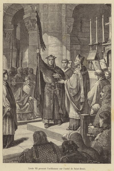 Louis VII tar banneret fra alteret til Saint-Denis (gravering) av French School