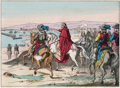 Louis XIII (1601-1643) og kardinal Richelieu ved setet til La Rochelle, place d'armes des Protestants i oktober 1628 - Kardinal de Richelieu og Louis XIII (1602-43) ved beleiringen av La Rochelle i oktober 1628 - Gravering av slutten av 1800-tallet av French School