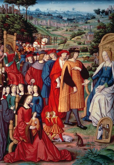 Louis XII, kardinal Georges av Amboise (1462-1515), Anne av Bretagne og Claude av Frankrike, fra Remedies and Fortunes av Petrarch, 1503 av French School