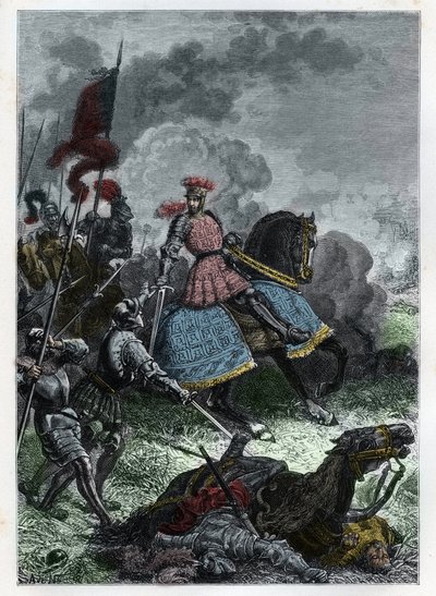 Ludvig XII i slaget ved Agnadel nær Crema i Lombardia vunnet av kongen over venitianerne 14. mai 1509 - Slaget ved Agnadello - Ludvig XII av Frankrike beseirer venetianerne - gravering fra "" L