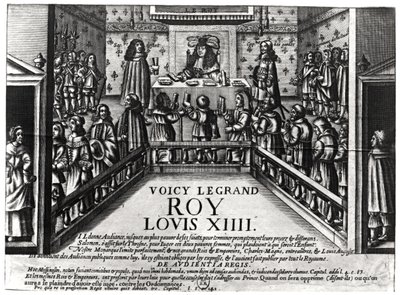 Louis XIV (1638-1715) administrerende rettferdighet (xylograf) (bw-foto) av French School