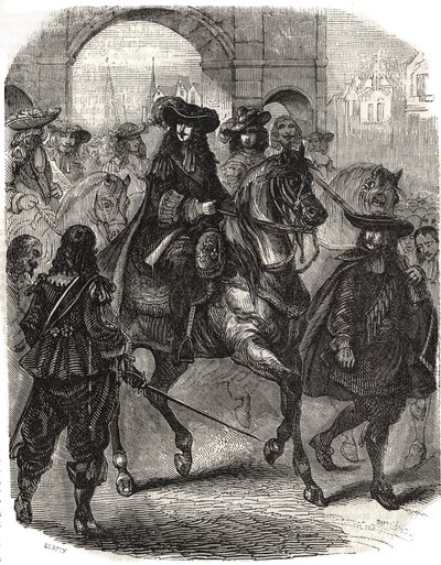 Ludvig XIV (1638-1715) og hans kone Marie Therese (Marie-Therese) av Østerrike (1638-1683) gikk inn i Paris i 1660. Gravering i "" Histoire de France"" av L.-P. Anguetil av French School