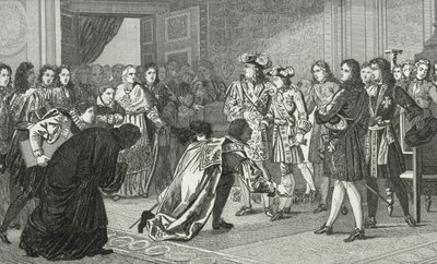 Solkongen Louis XIV (1638-1715) presenterer sitt barnebarn Philippe V (1683-1746) til de spanske utsendingene, fra 
