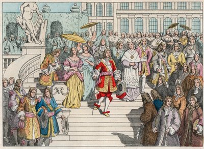 Ludvig XIV (Louis 14) og hans domstol i Versailles - Ludvig XIV av Frankrike og hans domstol i Versailles - Gravering av slutten av 1800-tallet i "" Nos Gires Nationales - Images et recits"" av French School