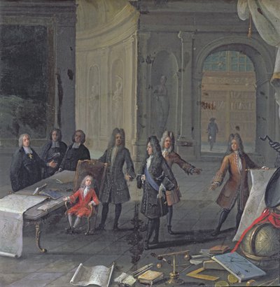 Ludvig XIV deltar på en leksjon av hans oldebarn, den fremtidige Ludvig XV, ca. 1715 av French School