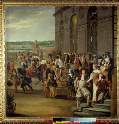 Ludvig XIV etterfulgt av Grand Dauphin som rir foran grotten til Thetis (Thetys) i Versailles Kong Ludvig XIV (1638-1715) og hans sønn Ludvig av Frankrike kalt Grand Dauphin (1661-1711) foran grotten til Thetis (Thetys) omgitt av hoffmenn av French School