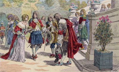 Ludvig XIV av Frankrike og hoffet hans i Versailles (fargelitografi) av French School