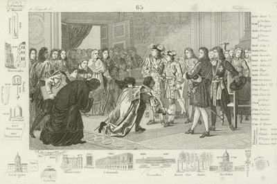 Louis XIV presenterer sitt barnebarn, Philip V, for de spanske utsendingene, som deres nye konge, 1700 av French School
