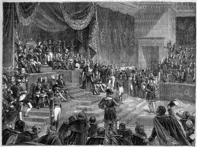 Louis XVIII and the establishment of the Constitutional Monarchy - Constitutional Charter of 4 June 1814 - Louis XVIII presides over the opening of the session of the Chambers on 4 June 1814 at the Palais Bourbon in Paris - in “Histoire de l