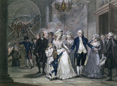 Louis XVI (1754-93) tar farvel med sin familie, 20. januar 1793, gravert av Reinier Vinkeles (1741-1816) og Daniel Vrydag (1765-1822) av French School
