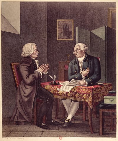 Louis XVI (1754-93) Leser sin siste vilje og testamente for Guillaume de Lamoignon de Malesherbes (1721-94) i tempelet, 25. desember 1793 av French School