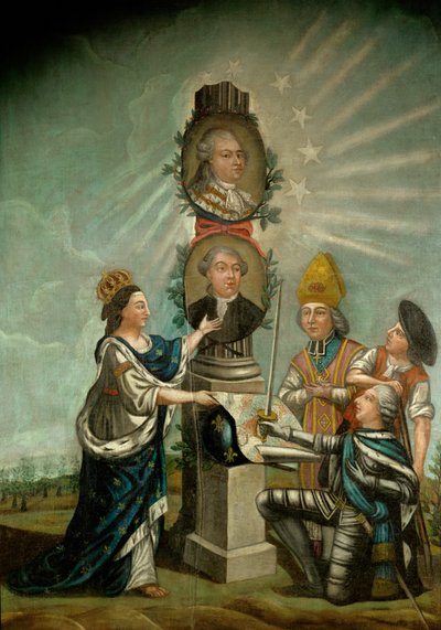 Ludvig XVI og hans finansminister Jacques Necker, beundret av de tre standene i Frankrike, aristokratiet, presteskapet og borgerskapet … av French School
