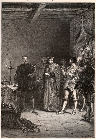 Louis de Berquin (1485-1529), ridder og humanist, religiøs reformator, frigjort av Jean de la Barre (1523-1533) prevot de Paris - Louis de Berquin (til venstre) løslatt fra fengselet av John de la Barre - gravering fra "" Frankrikes historie fort av French School