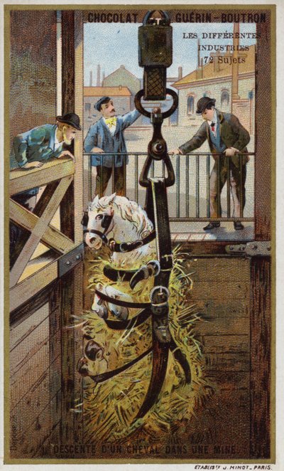 Senke en hest ned i en gruve (chromolitho) av French School
