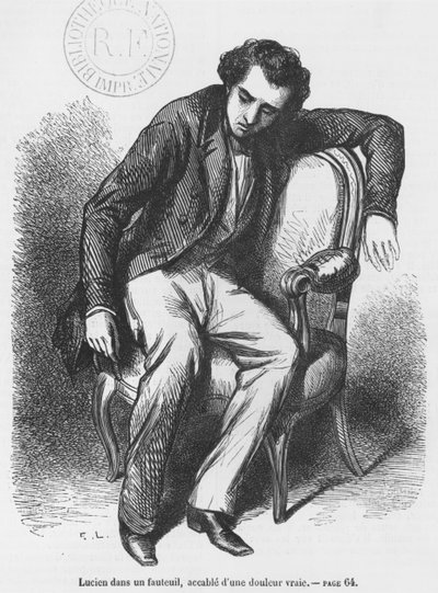 Lucien de Rubempre overveldet av sorg, illustrasjon fra 