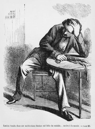 Lucien de Rubempre tenker på selvmord, illustrasjon fra Splendeurs et Miseres des Courtisanes av Honore de Balzac, utgitt 1867 av French School